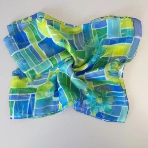 Floral & Geometric Print Sheer Scarf, Blue / Green / Gold, 61" x 12"